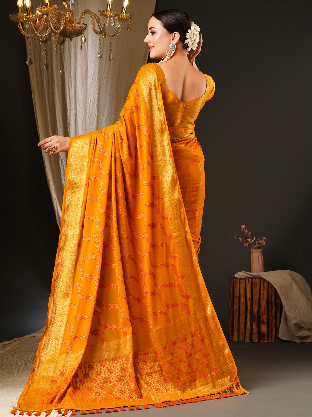 Georgette Yellow Woven Design Celebrity Saree With Blouse