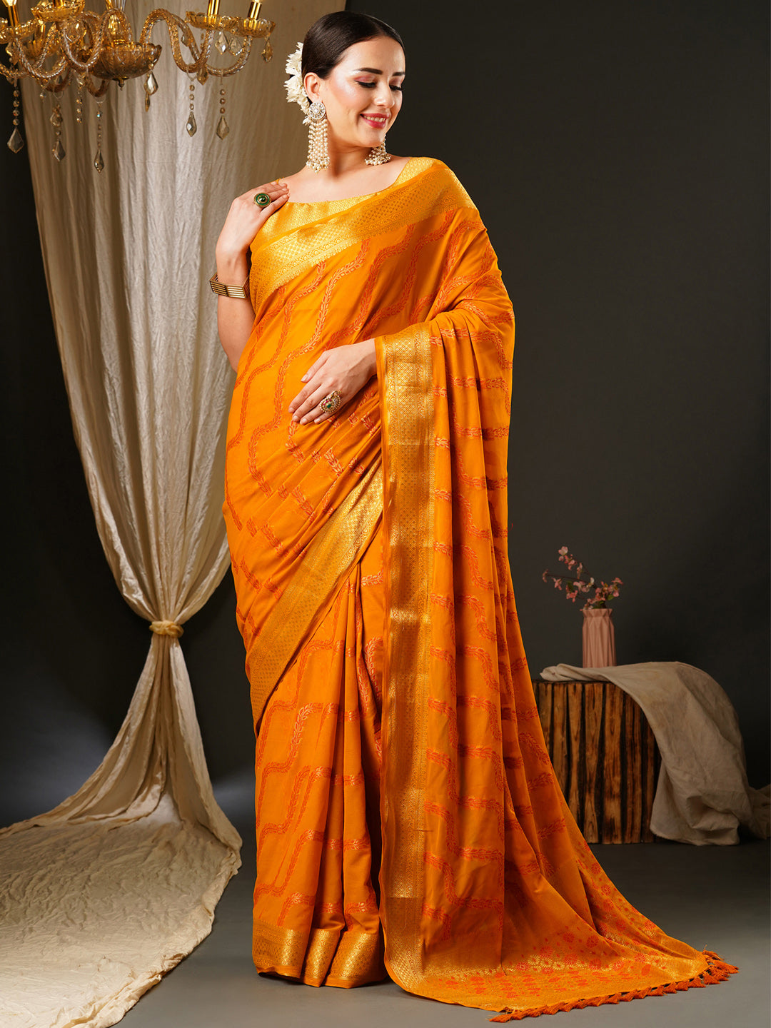 Georgette Yellow Woven Design Celebrity Saree With Blouse