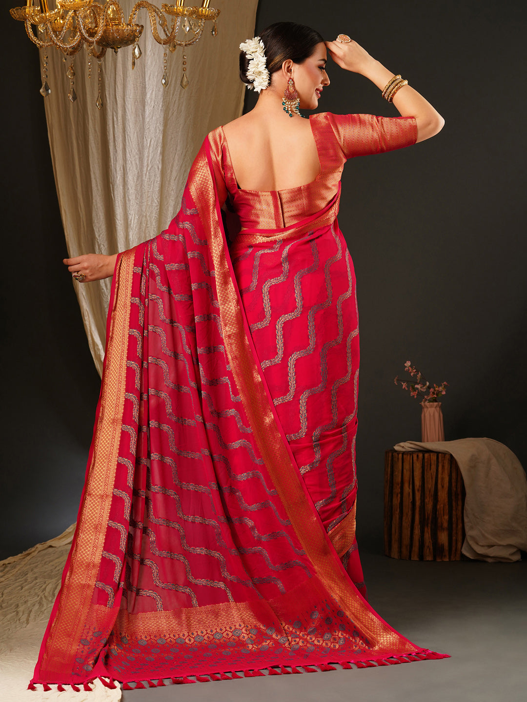 Georgette Pink Woven Design Celebrity Saree With Blouse