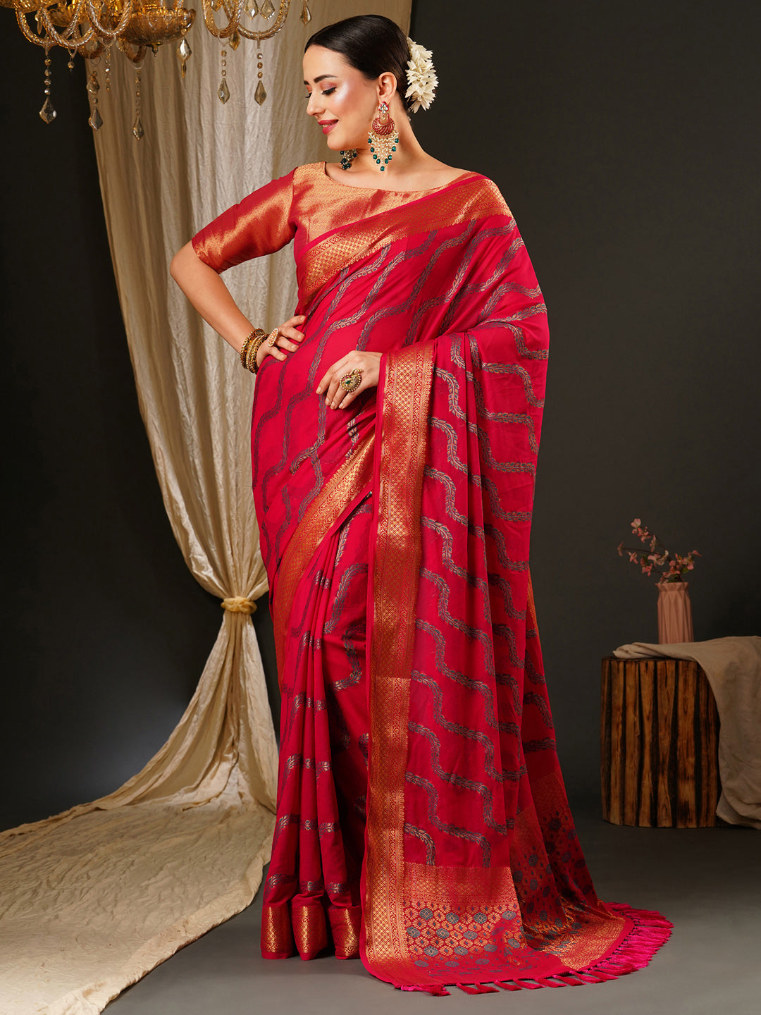 Georgette Pink Woven Design Celebrity Saree With Blouse