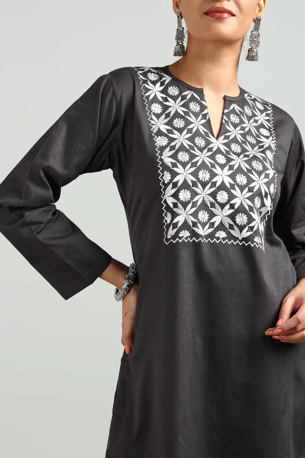 Grey Denim Embroidered Kurta