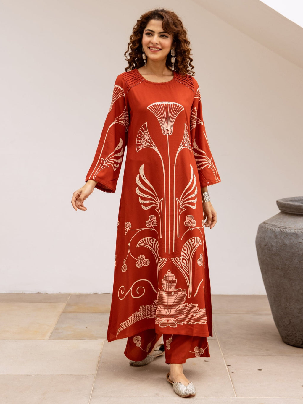Bakul vermillion printed cotton kurta pant set- AL