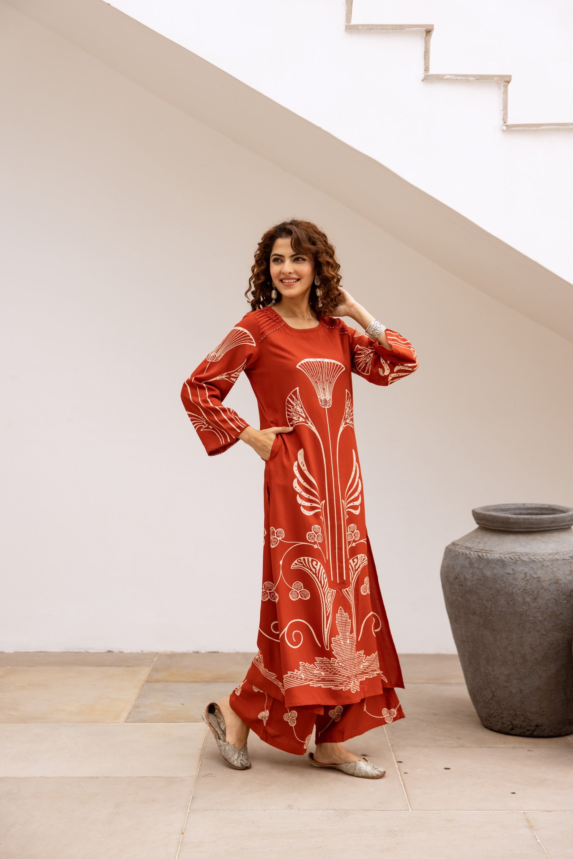 Bakul vermillion printed cotton kurta pant set- AL