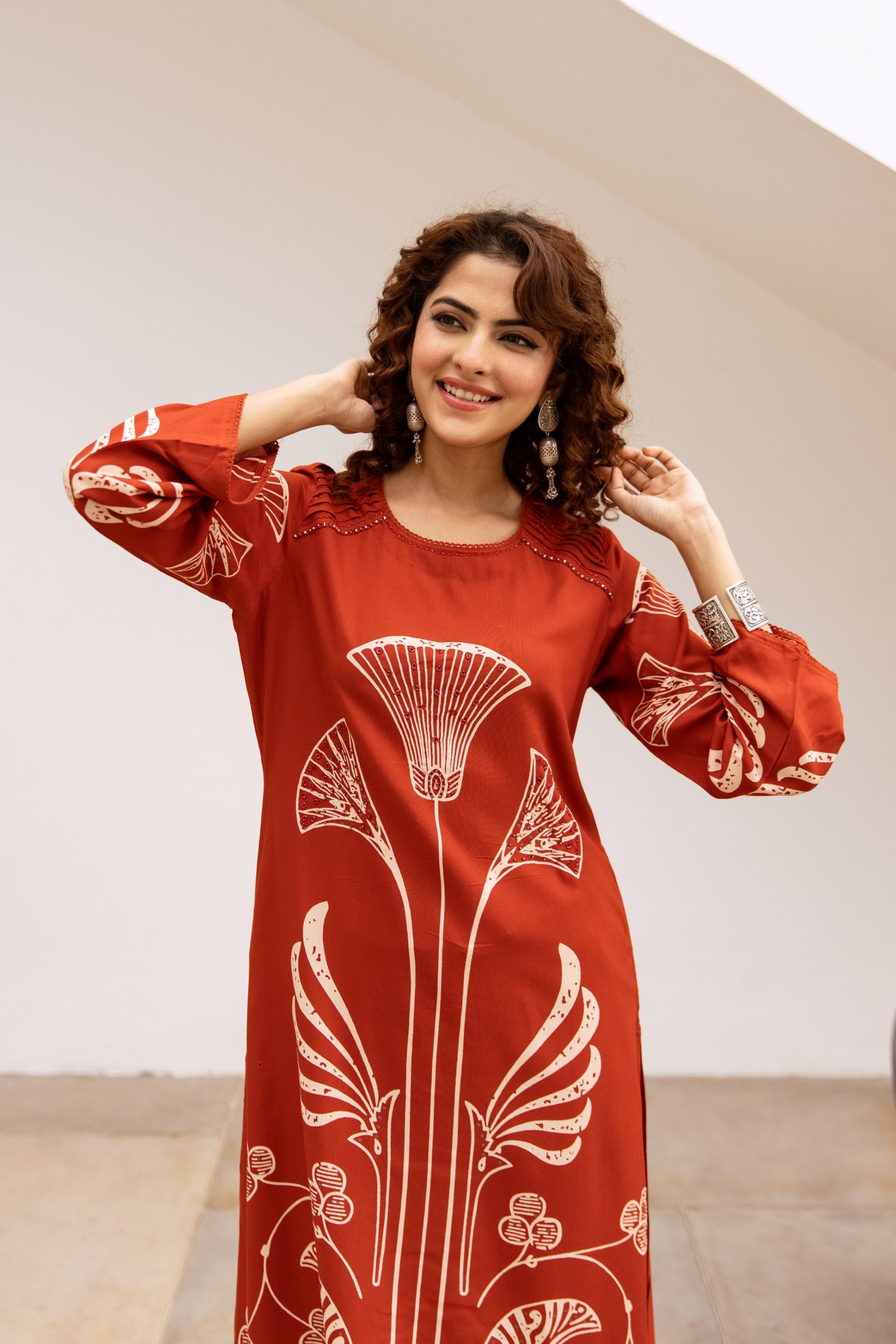 Bakul vermillion printed cotton kurta pant set- AL