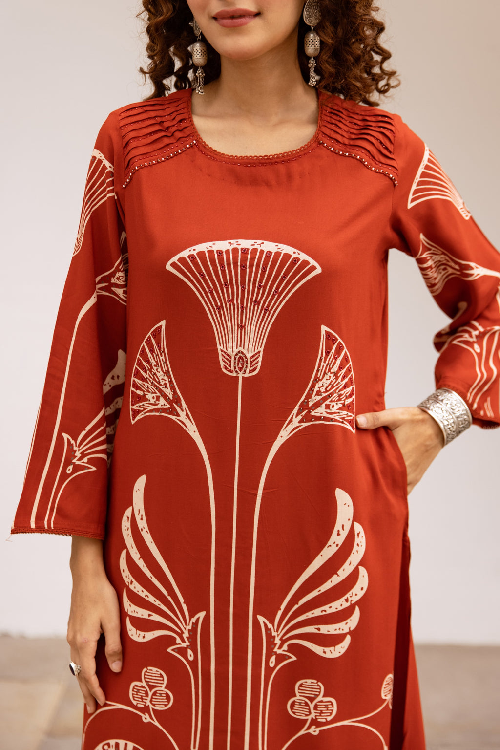 Bakul vermillion printed cotton kurta pant set- AL