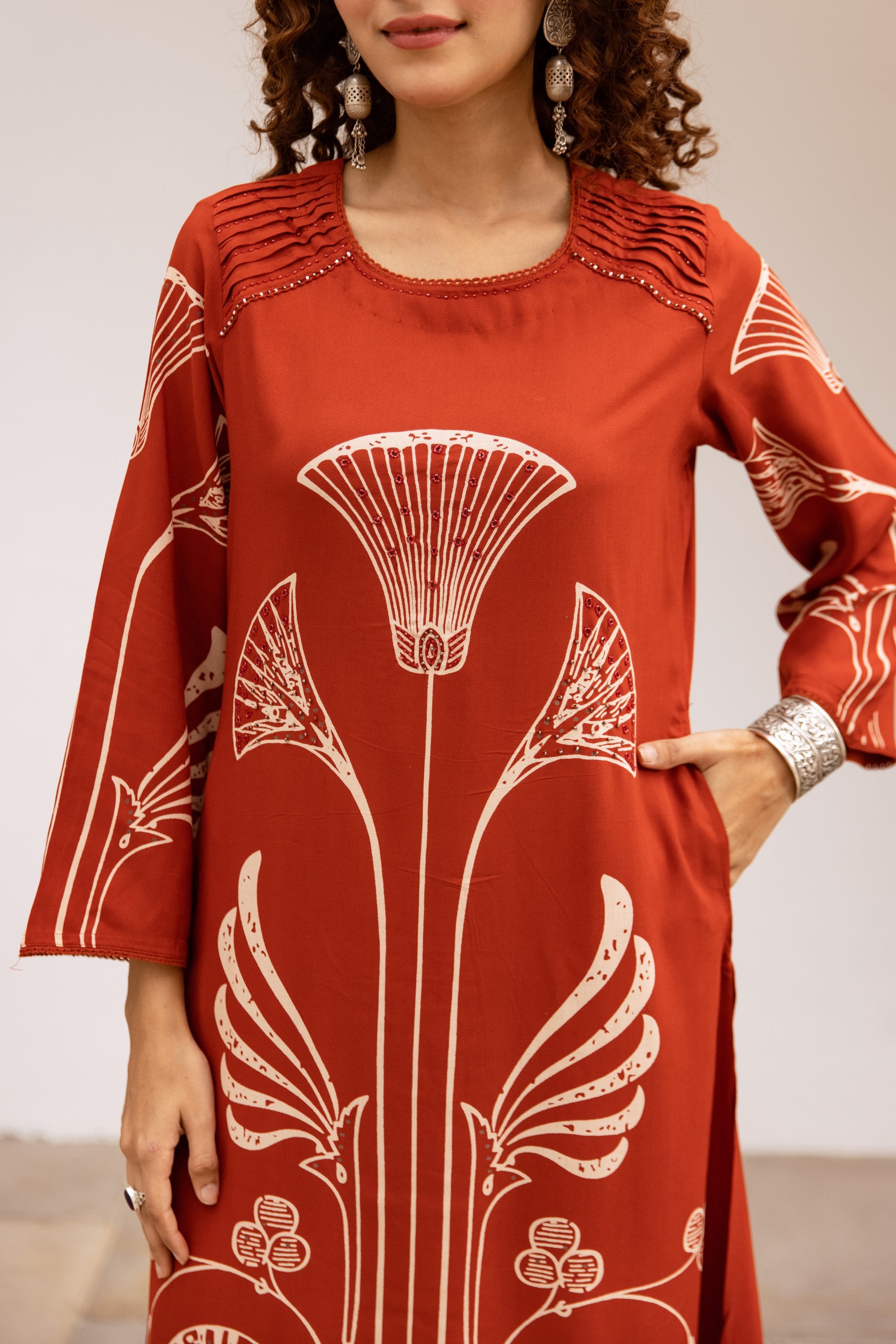 Bakul vermillion printed cotton kurta pant set- AL