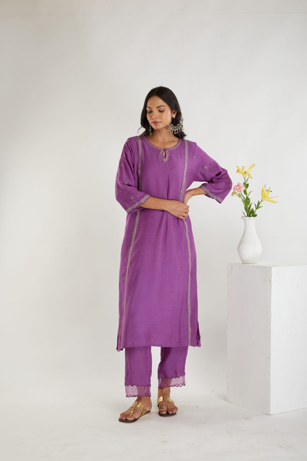 Purple Golden Zari Embroidered Kurta and Pant-Set of 3