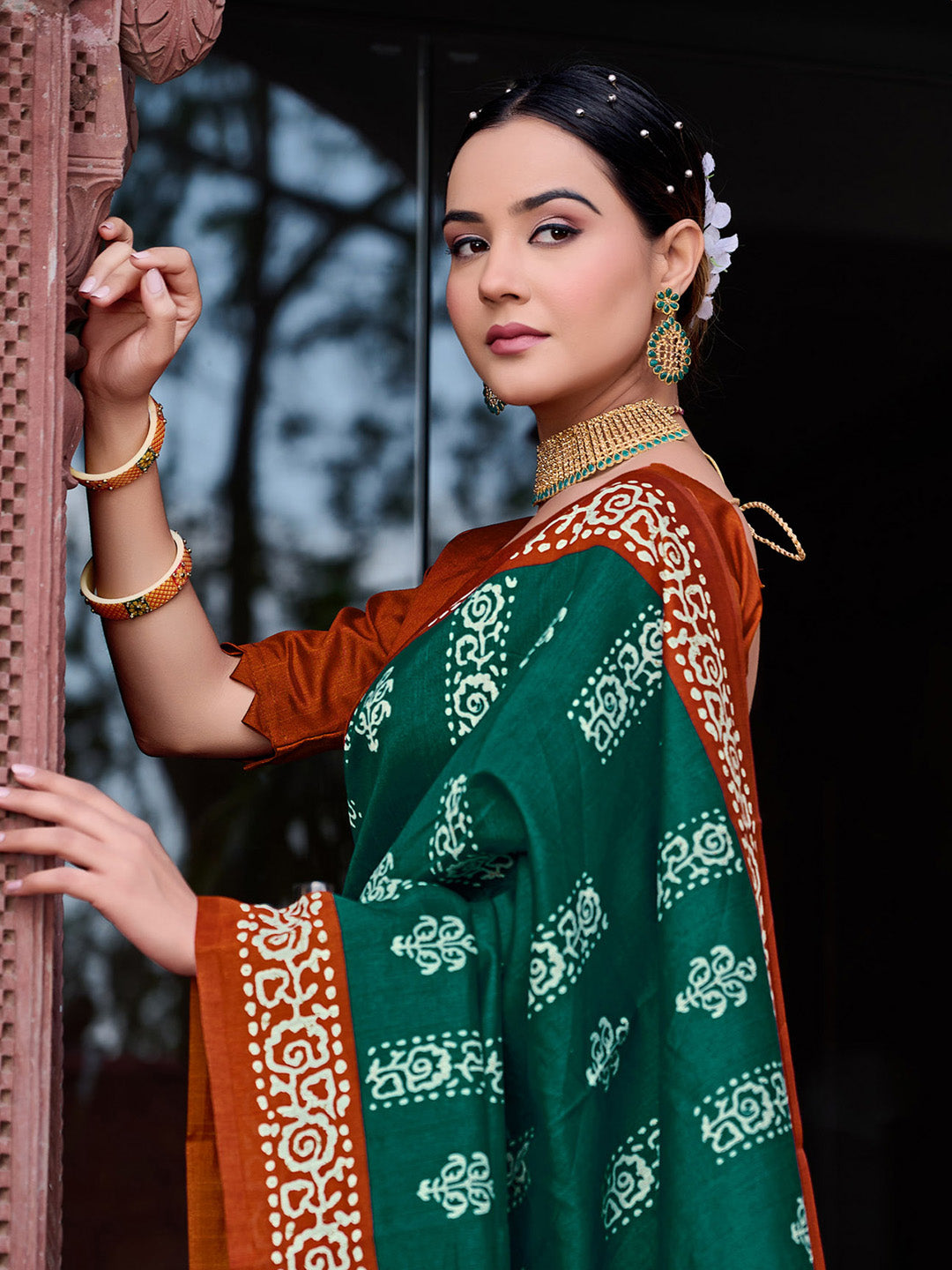 Bhagalpuri Silk Dark Green Printed Designer Saree With Blouse