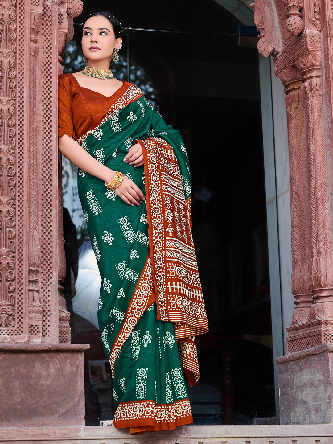 Bhagalpuri Silk Dark Green Printed Designer Saree With Blouse