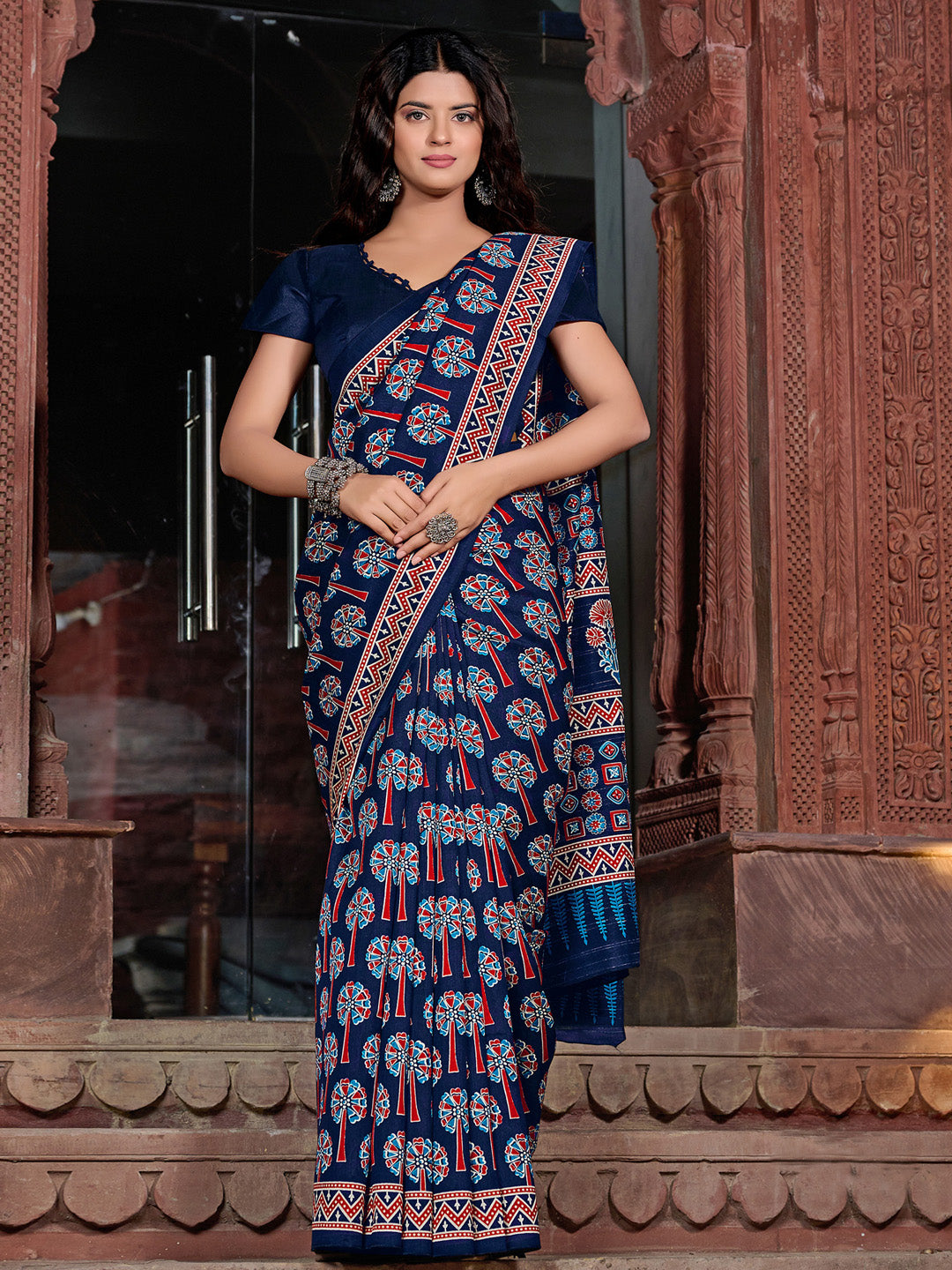 Bhagalpuri Silk Navy Blue Printed Designer Saree With Blouse