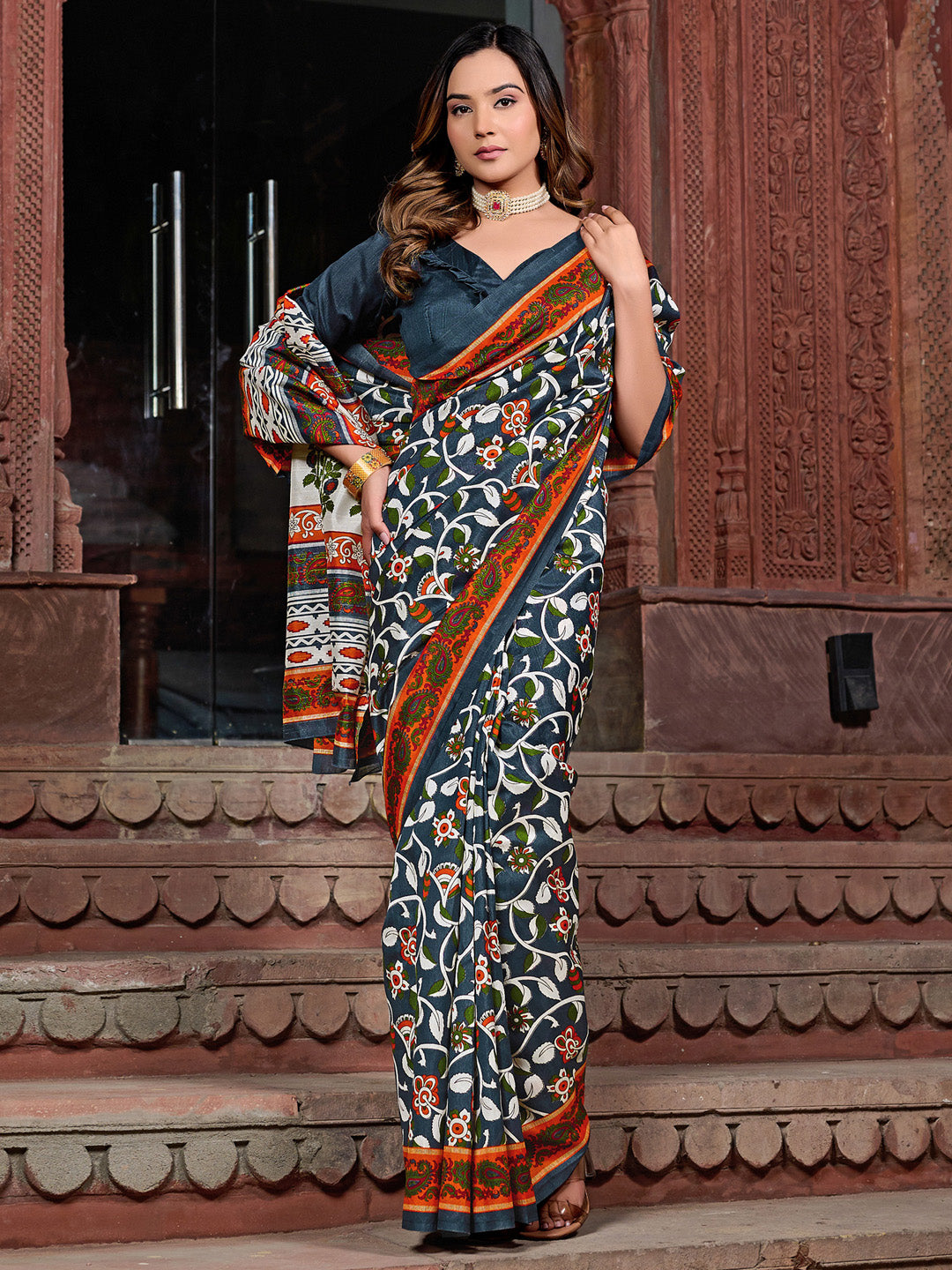 Bhagalpuri Silk Charcoal Grey Printed Designer Saree With Blouse