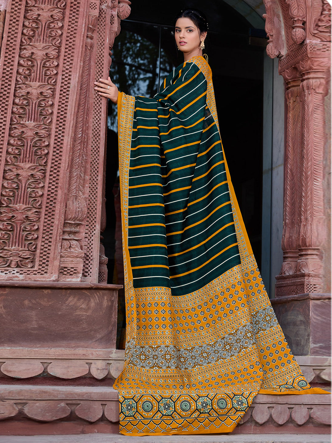 Bhagalpuri Silk Dark Green Printed Designer Saree With Blouse