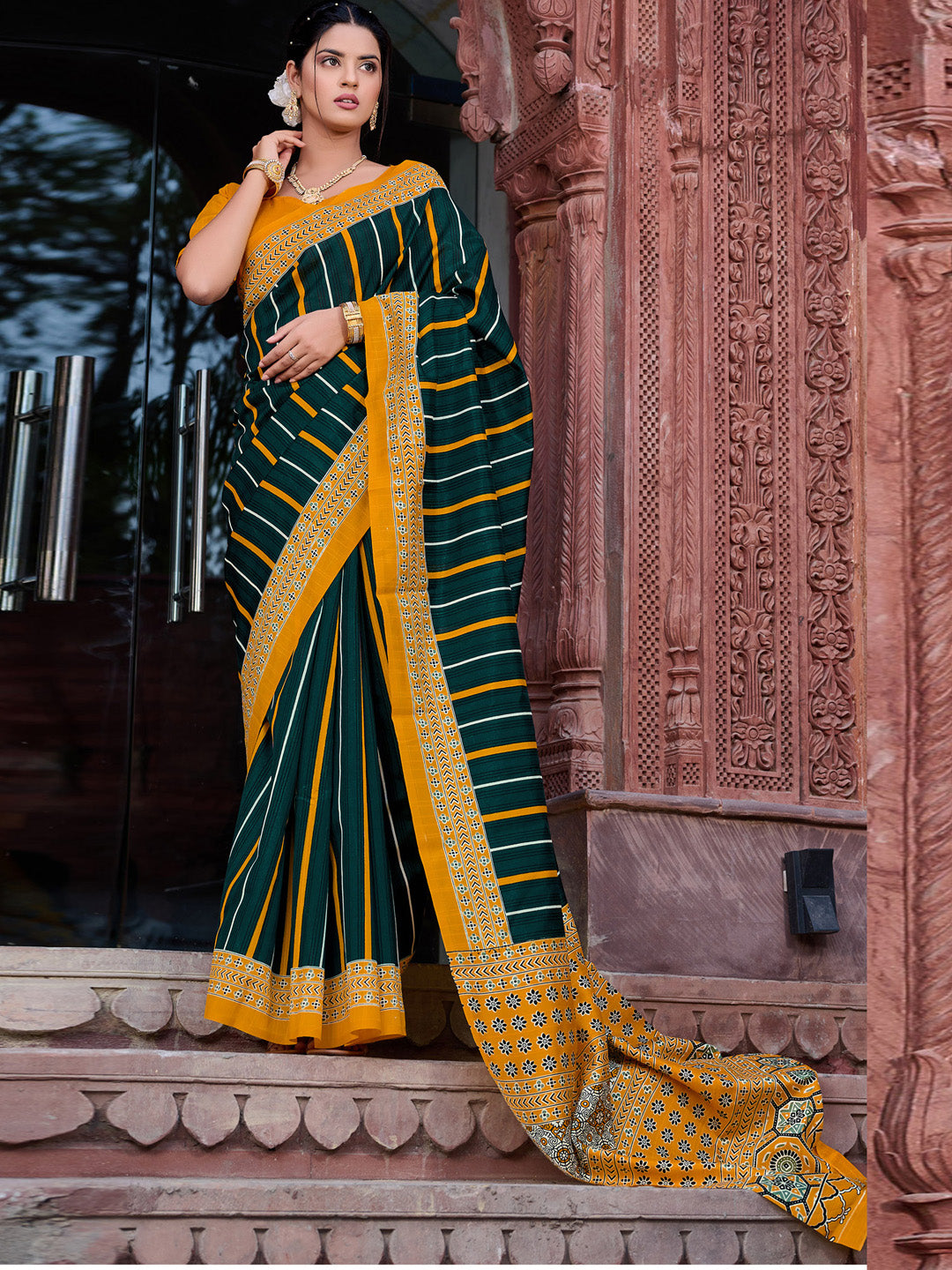 Bhagalpuri Silk Dark Green Printed Designer Saree With Blouse