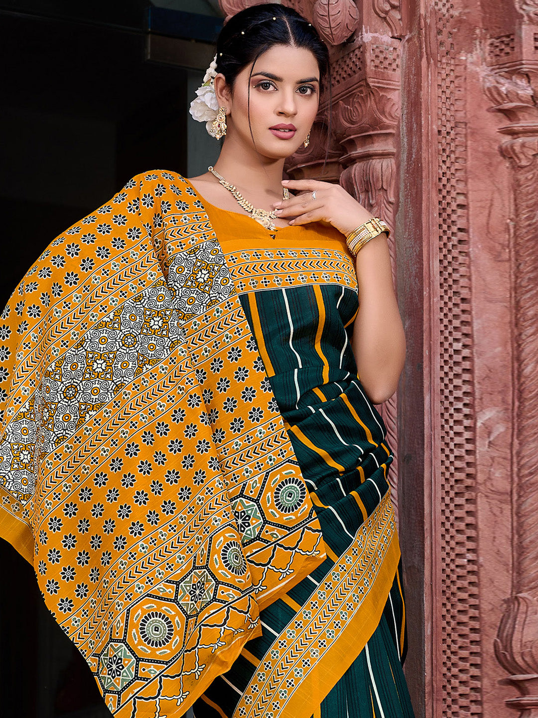 Bhagalpuri Silk Dark Green Printed Designer Saree With Blouse