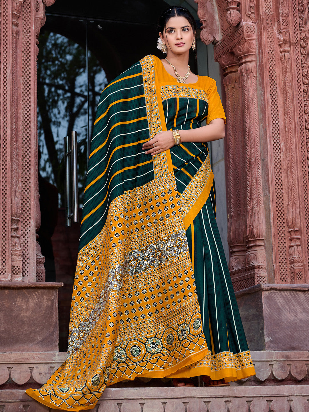 Bhagalpuri Silk Dark Green Printed Designer Saree With Blouse