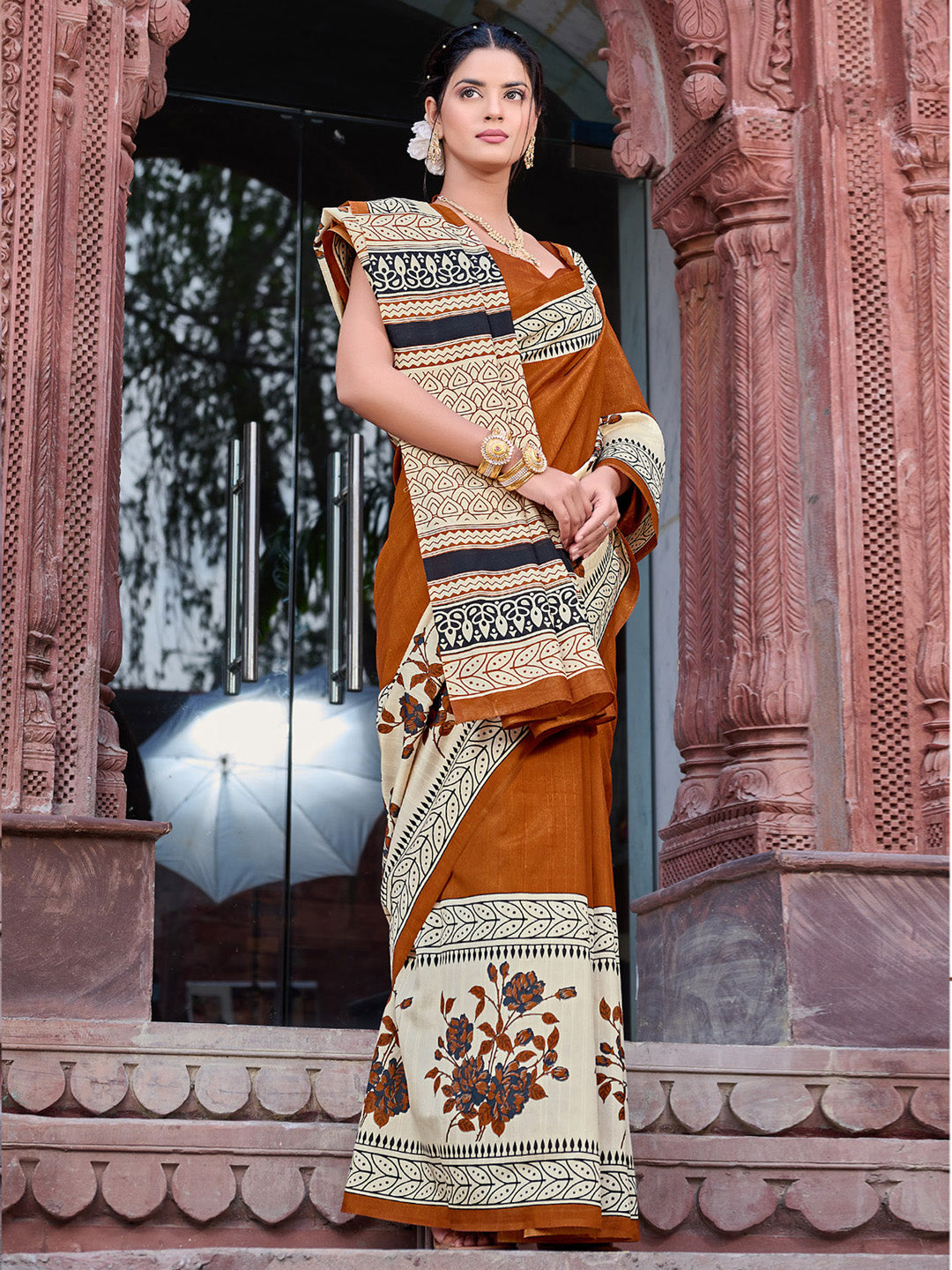 Bhagalpuri Silk Brown Printed Designer Saree With Blouse