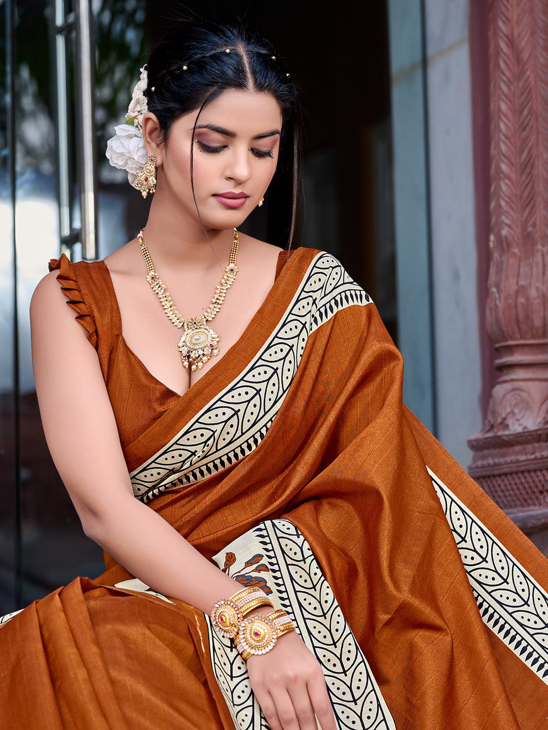 Bhagalpuri Silk Brown Printed Designer Saree With Blouse