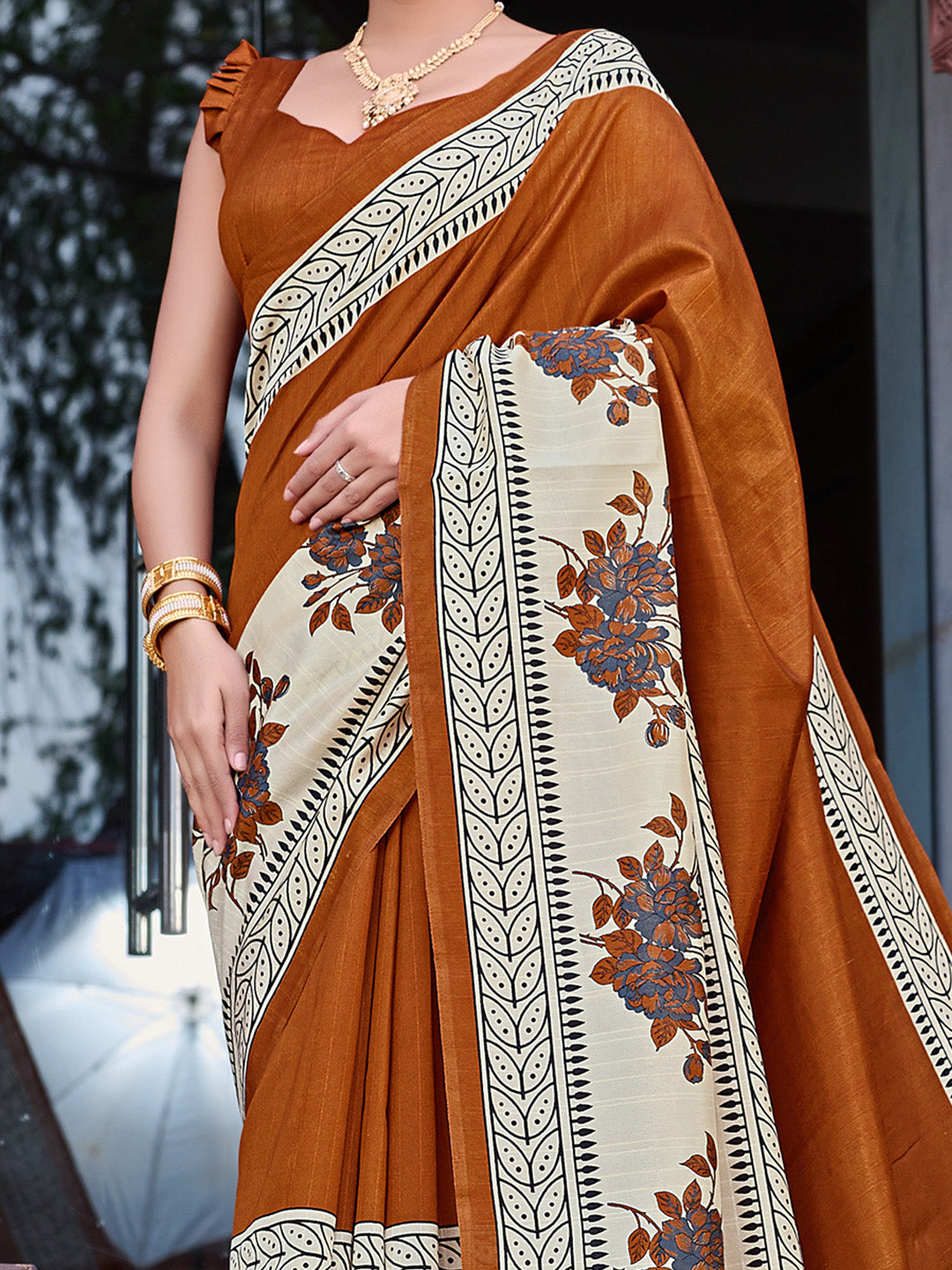 Bhagalpuri Silk Brown Printed Designer Saree With Blouse