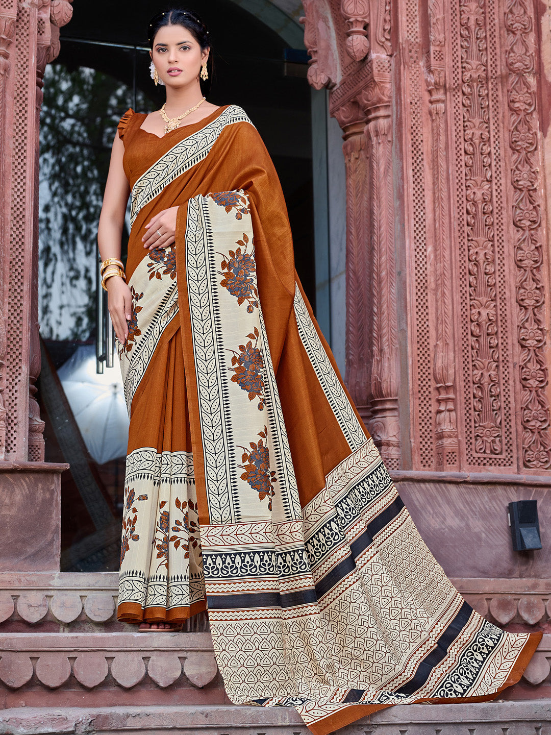 Bhagalpuri Silk Brown Printed Designer Saree With Blouse