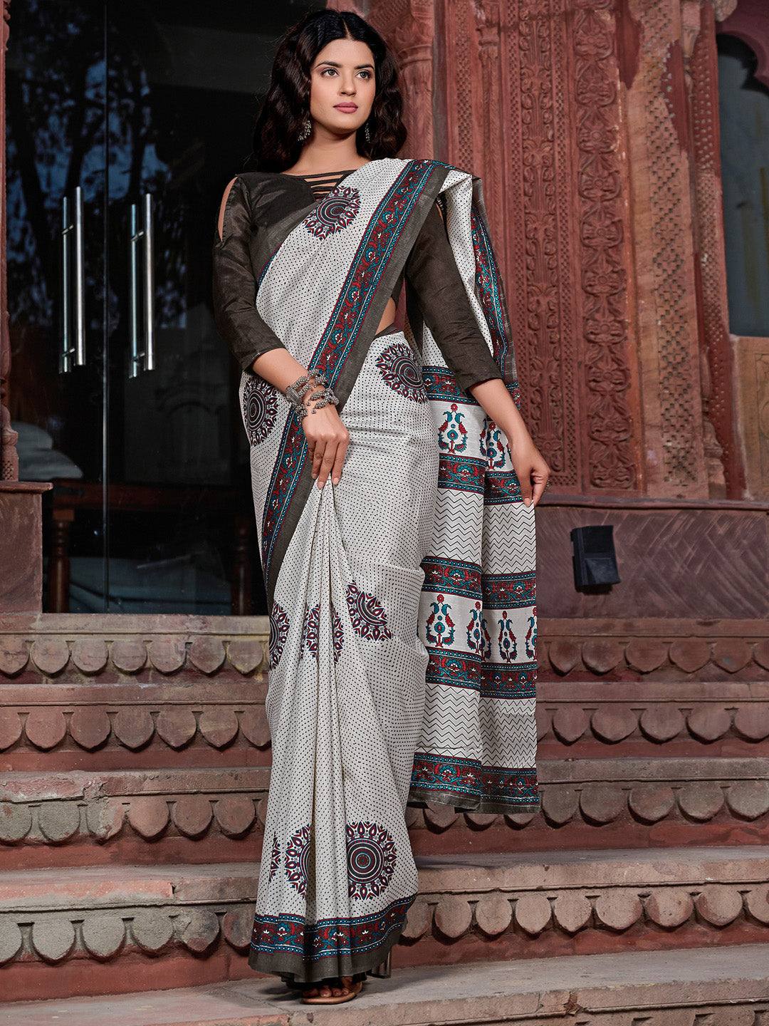 Bhagalpuri Silk Off White Printed Designer Saree With Blouse