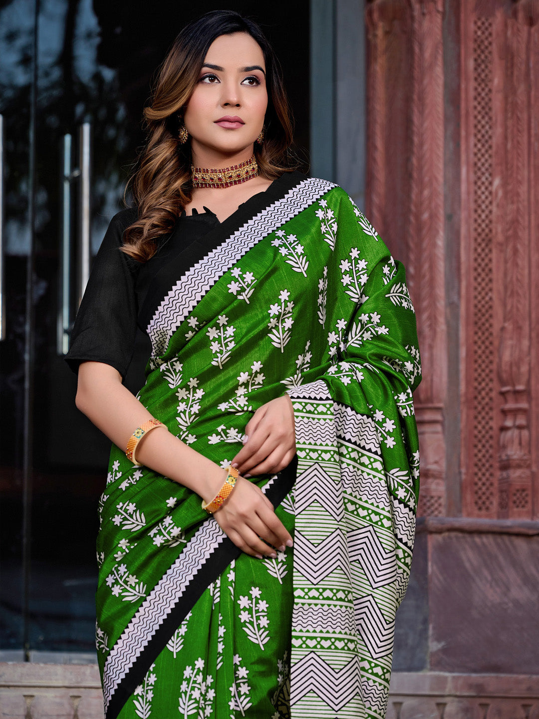 Bhagalpuri Silk Green Printed Designer Saree With Blouse