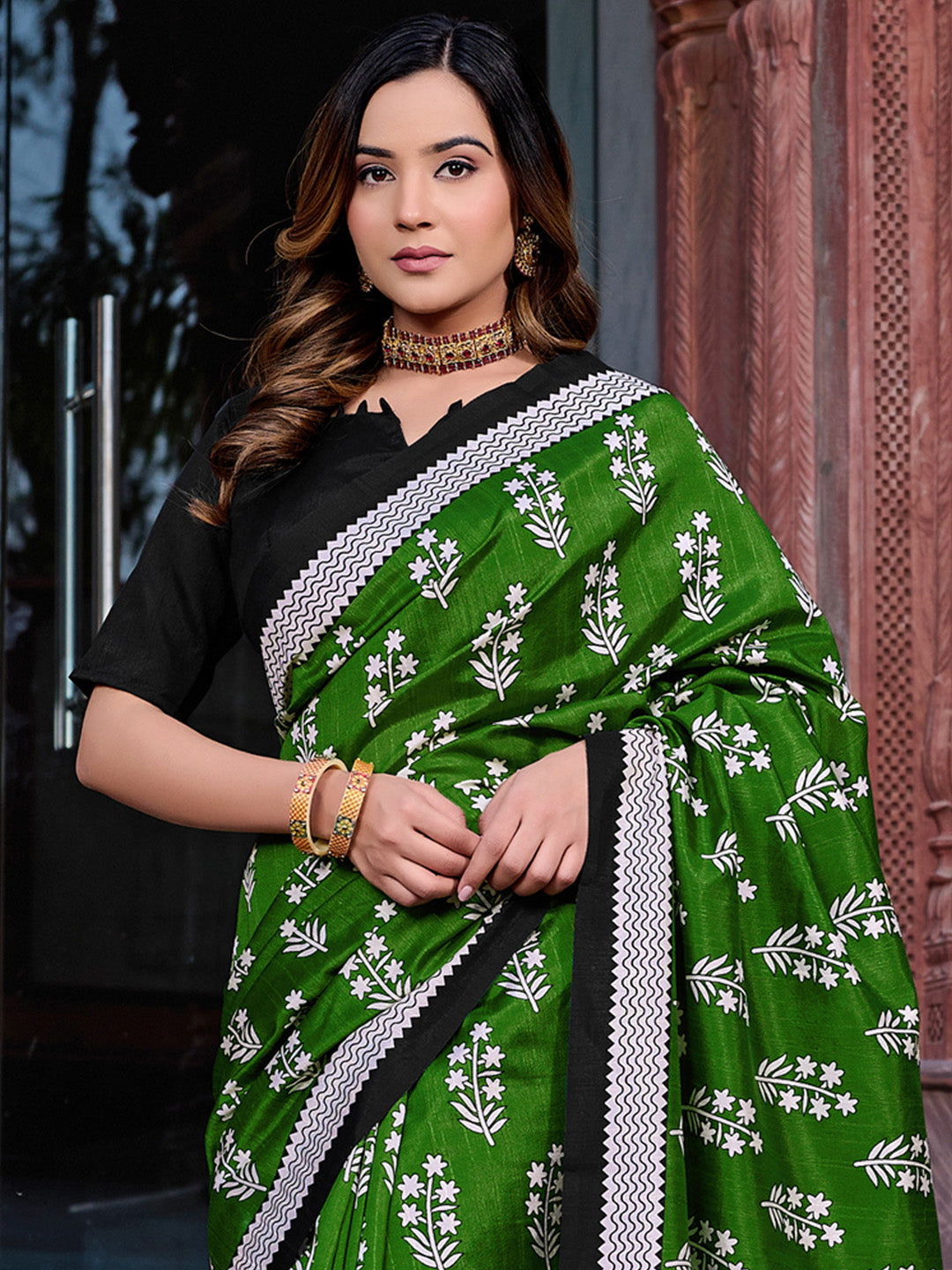 Bhagalpuri Silk Green Printed Designer Saree With Blouse