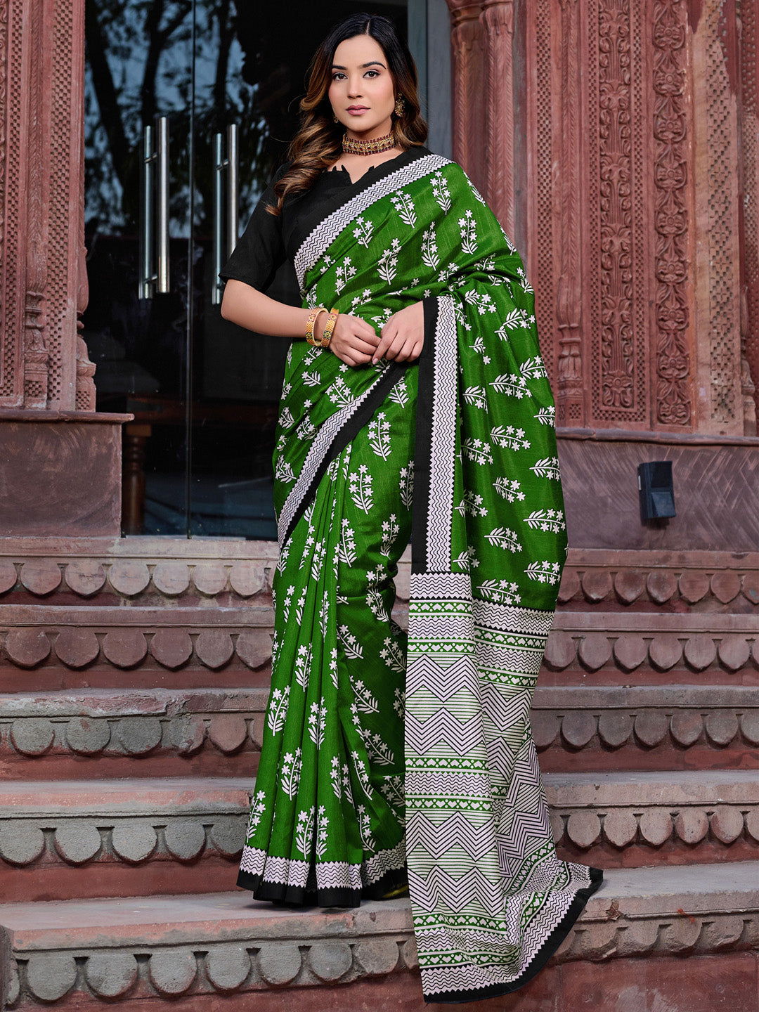 Bhagalpuri Silk Green Printed Designer Saree With Blouse