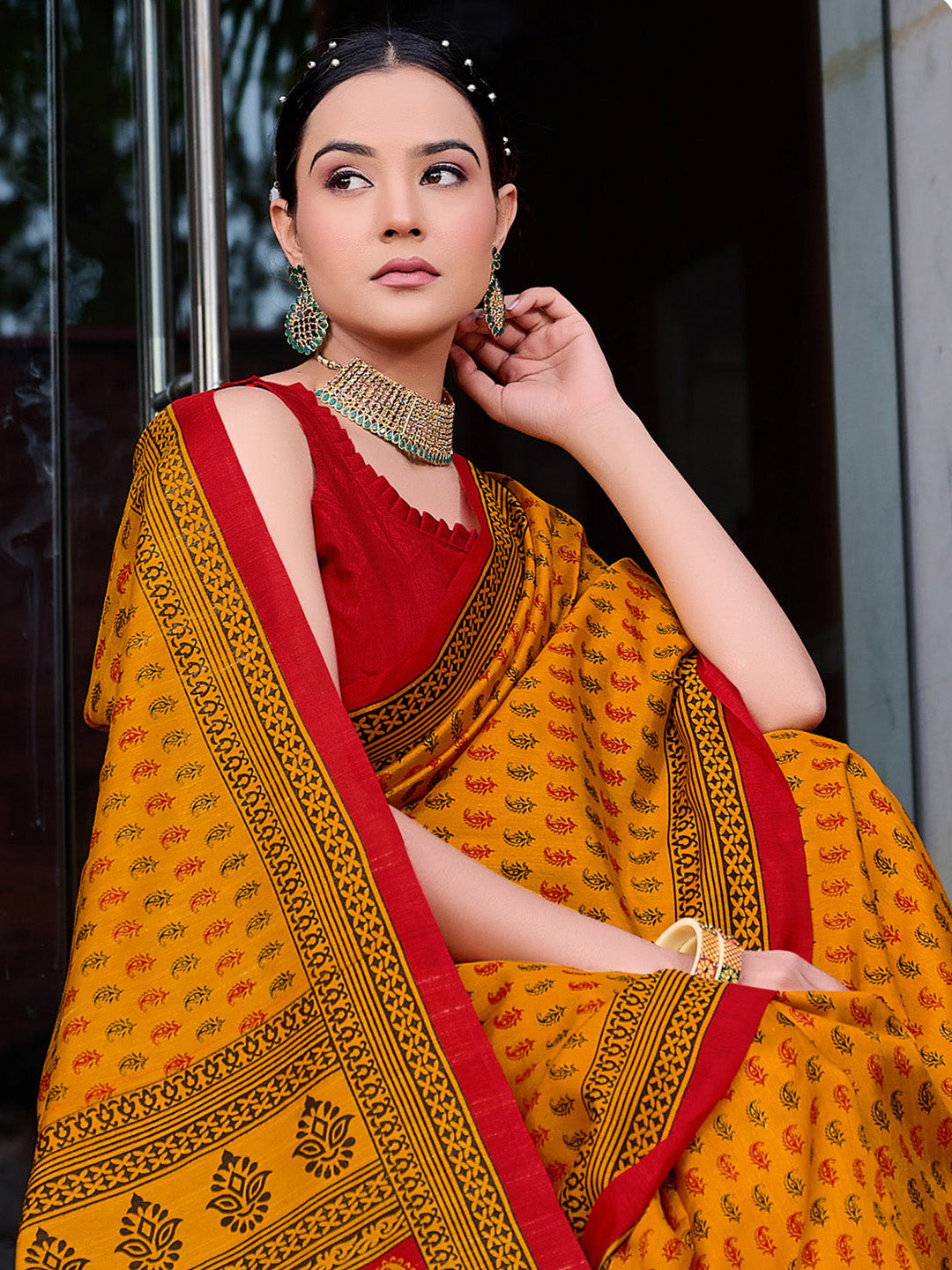 Bhagalpuri Silk Mustard Printed Designer Saree With Blouse