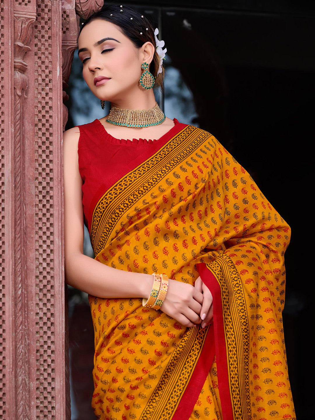 Bhagalpuri Silk Mustard Printed Designer Saree With Blouse