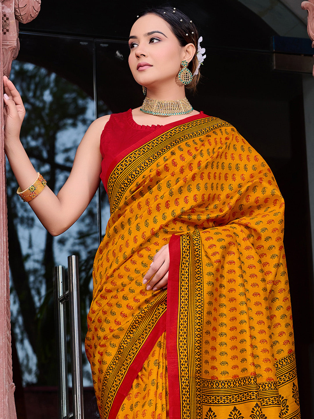 Bhagalpuri Silk Mustard Printed Designer Saree With Blouse