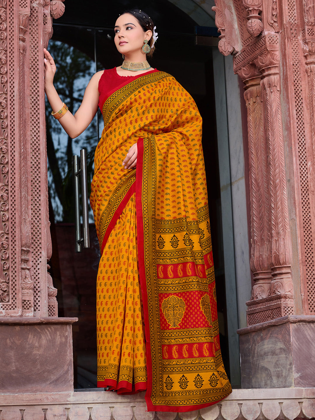 Bhagalpuri Silk Mustard Printed Designer Saree With Blouse