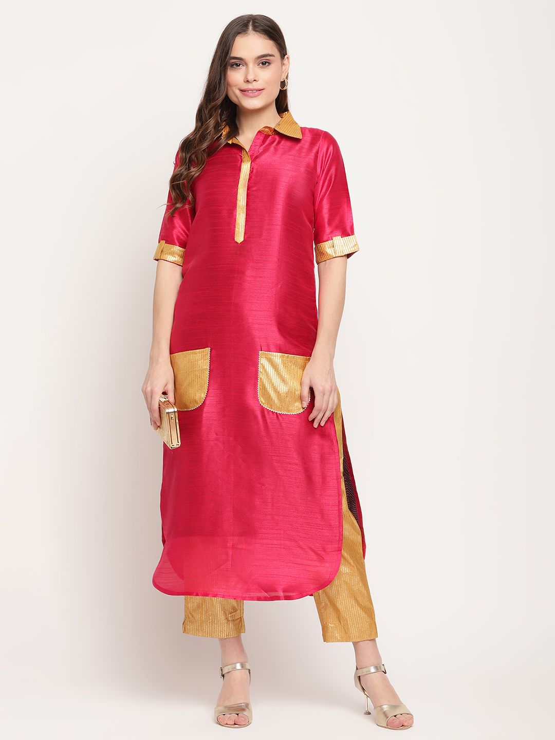 Dark Pink Poly Silk Kurta Trouser Set