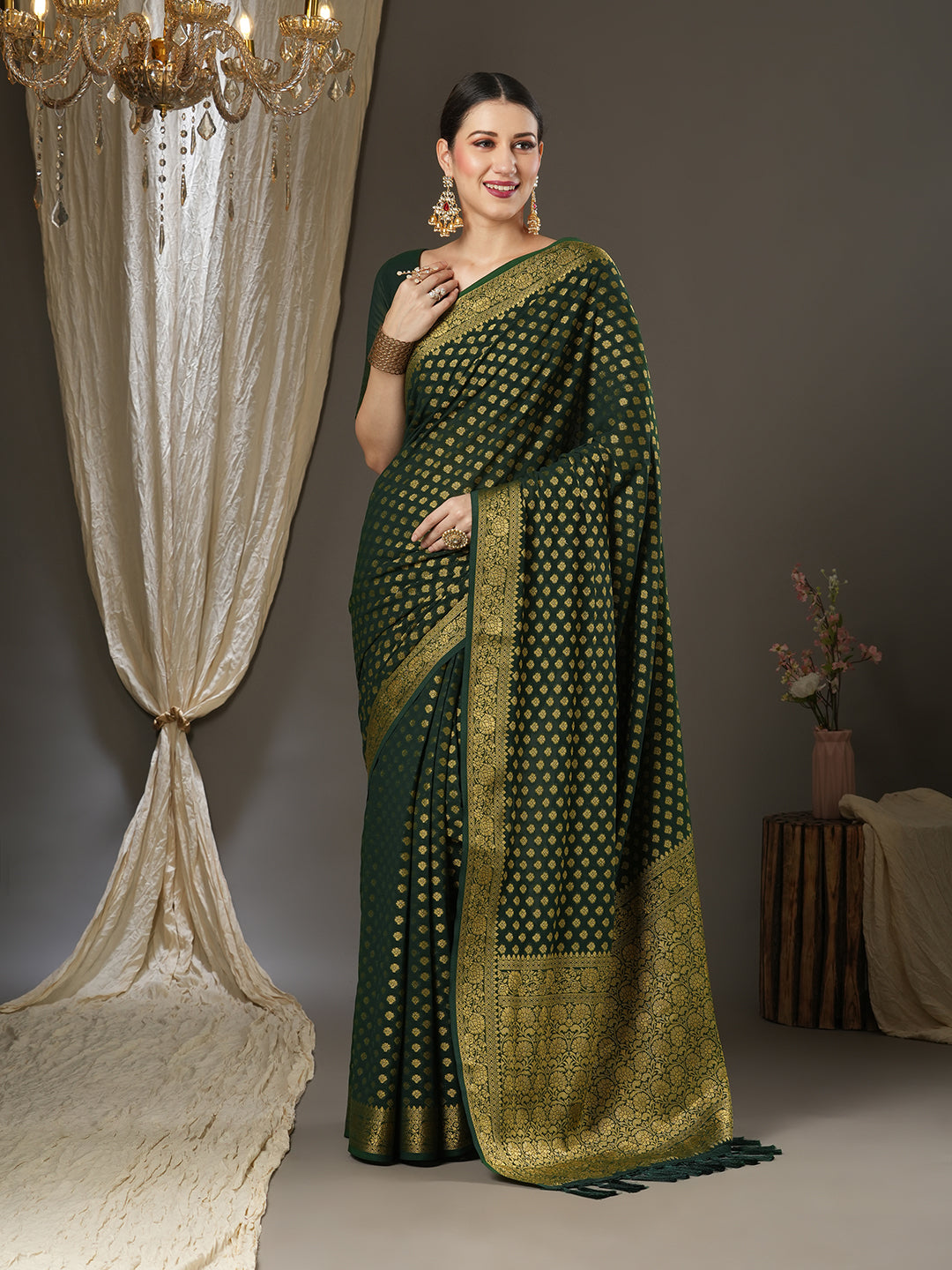 Georgette Green Woven Design Designer Saree With Blouse