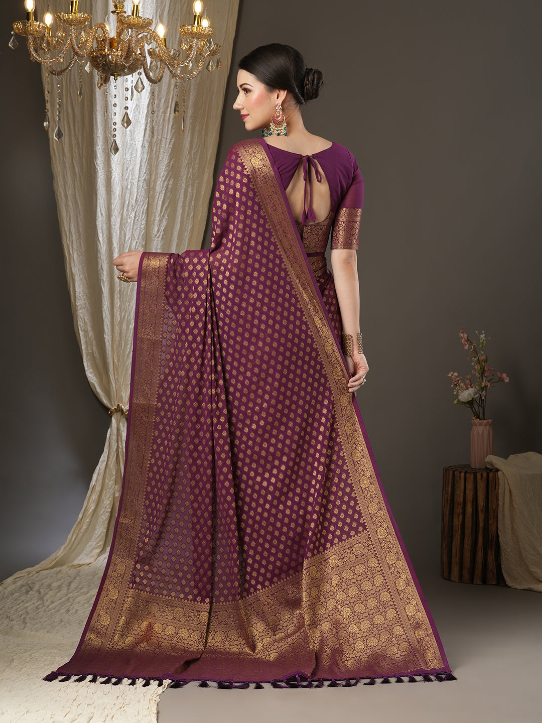 Georgette Burgundy Woven Design Designer Saree With Blouse