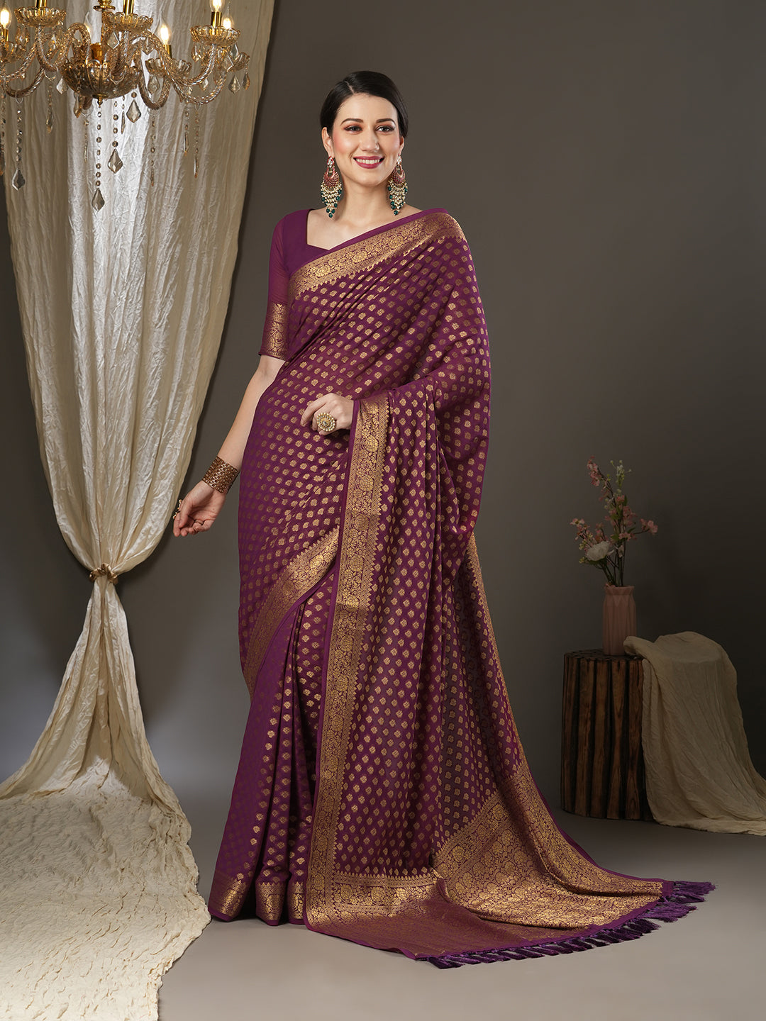 Georgette Burgundy Woven Design Designer Saree With Blouse