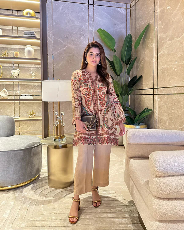 Beige Printed Crepe Set- II