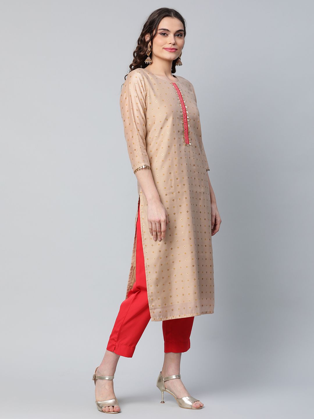 Beige & Red Chanderi Printed Kurta Pant Set