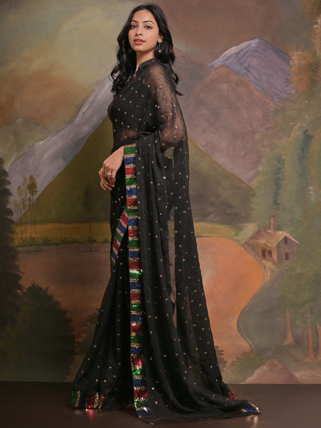 Georgette Black Embellished Designer Saree With Blouse