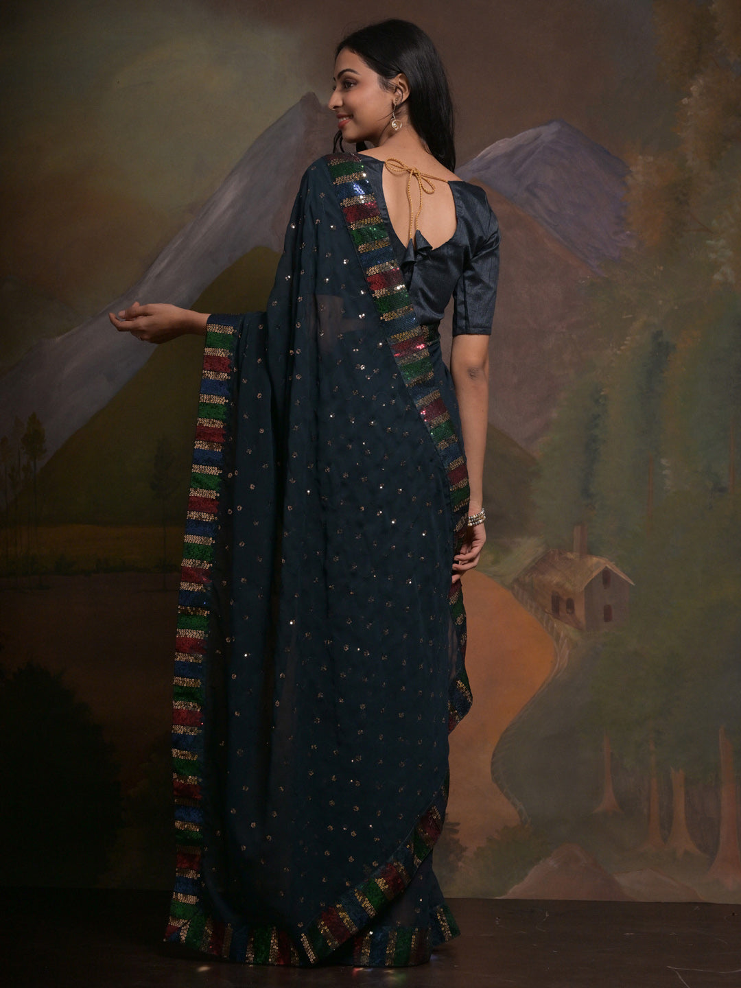 Georgette Teal blue Embellished Designer Saree With Blouse