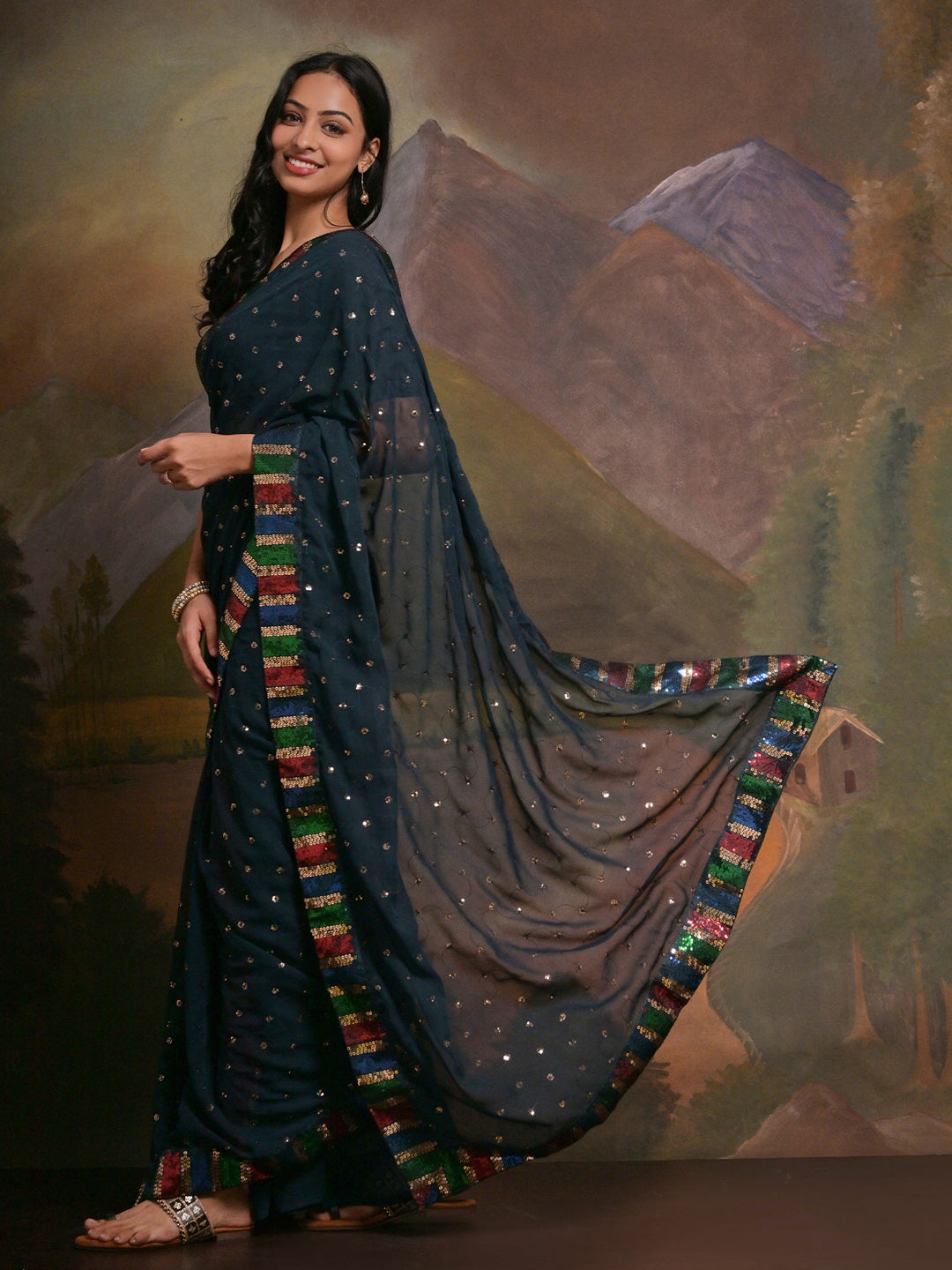 Georgette Teal blue Embellished Designer Saree With Blouse