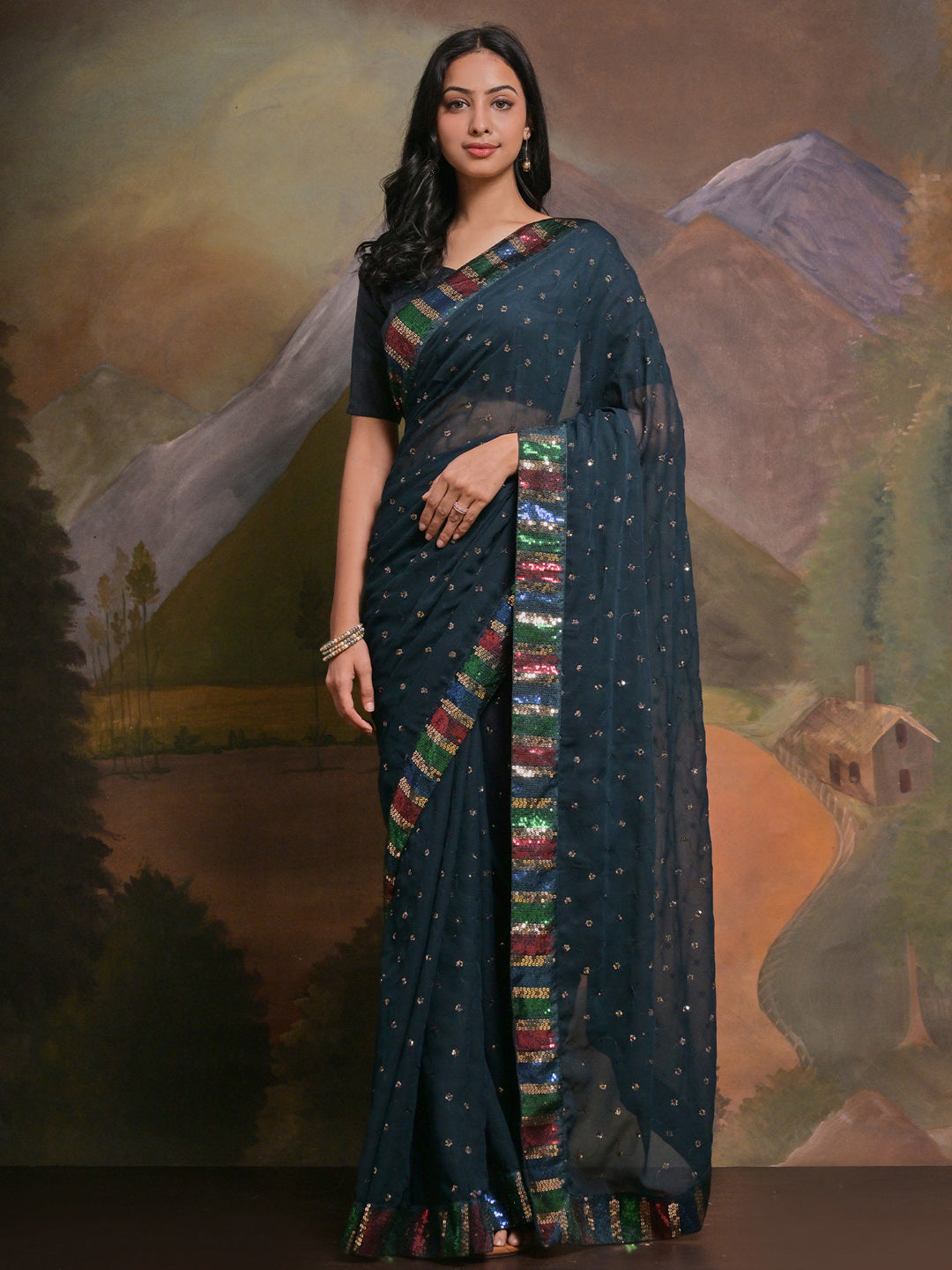 Georgette Teal blue Embellished Designer Saree With Blouse