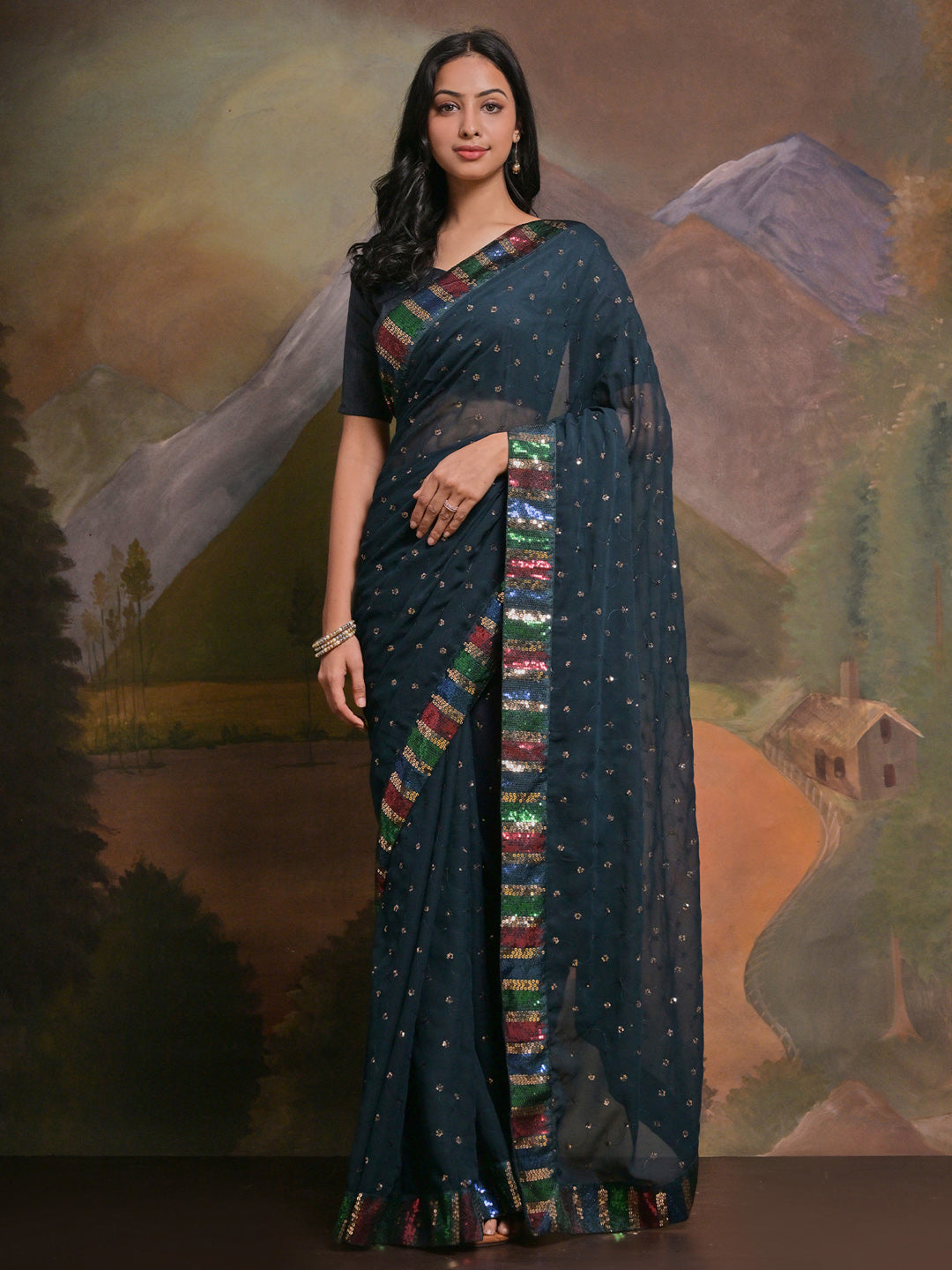 Georgette Teal blue Embellished Designer Saree With Blouse