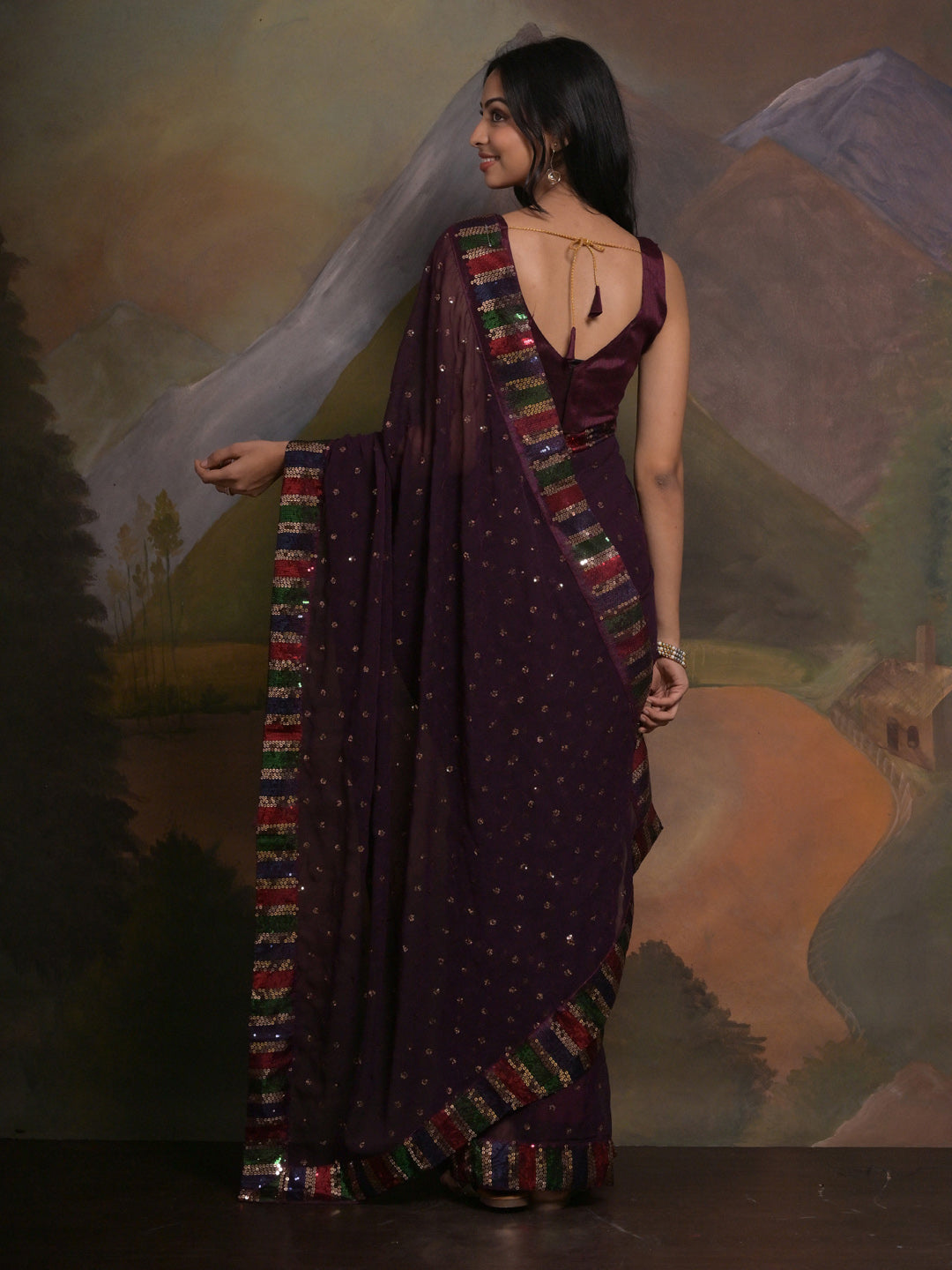 Georgette Purple Embellished Designer Saree With Blouse