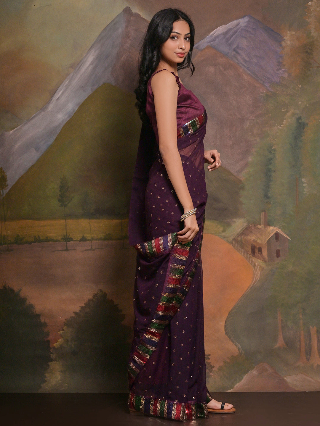 Georgette Purple Embellished Designer Saree With Blouse