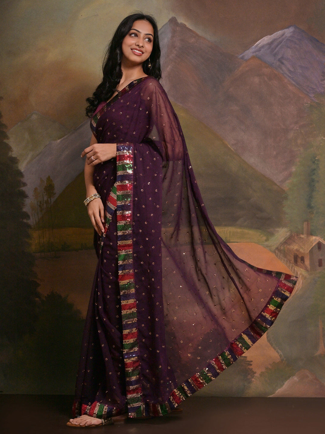 Georgette Purple Embellished Designer Saree With Blouse