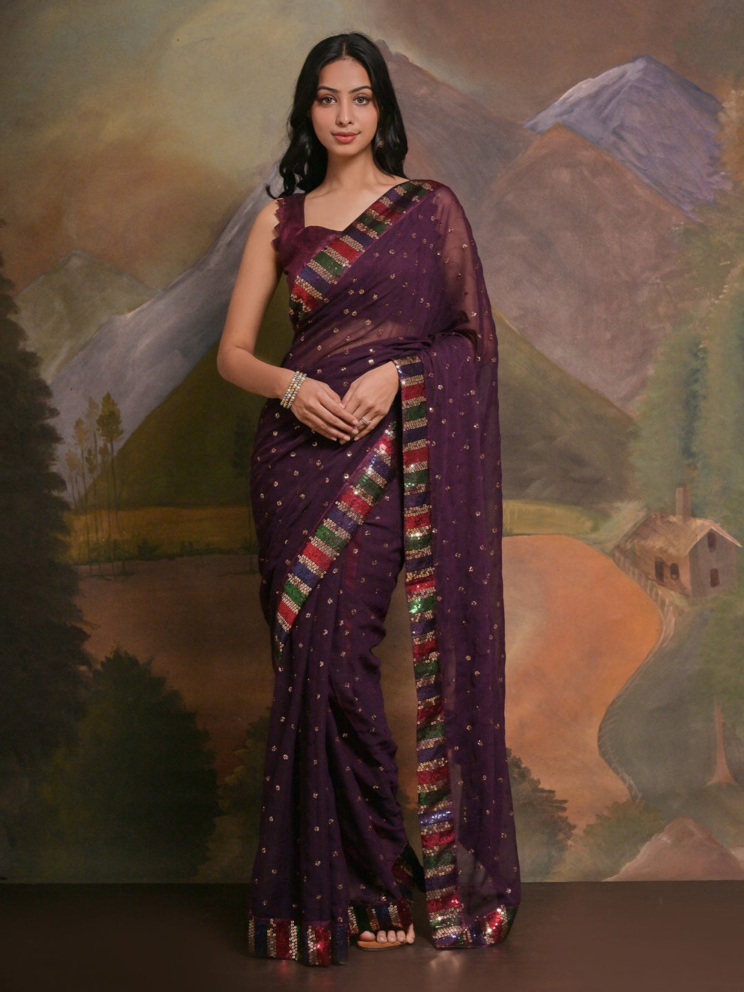 Georgette Purple Embellished Designer Saree With Blouse
