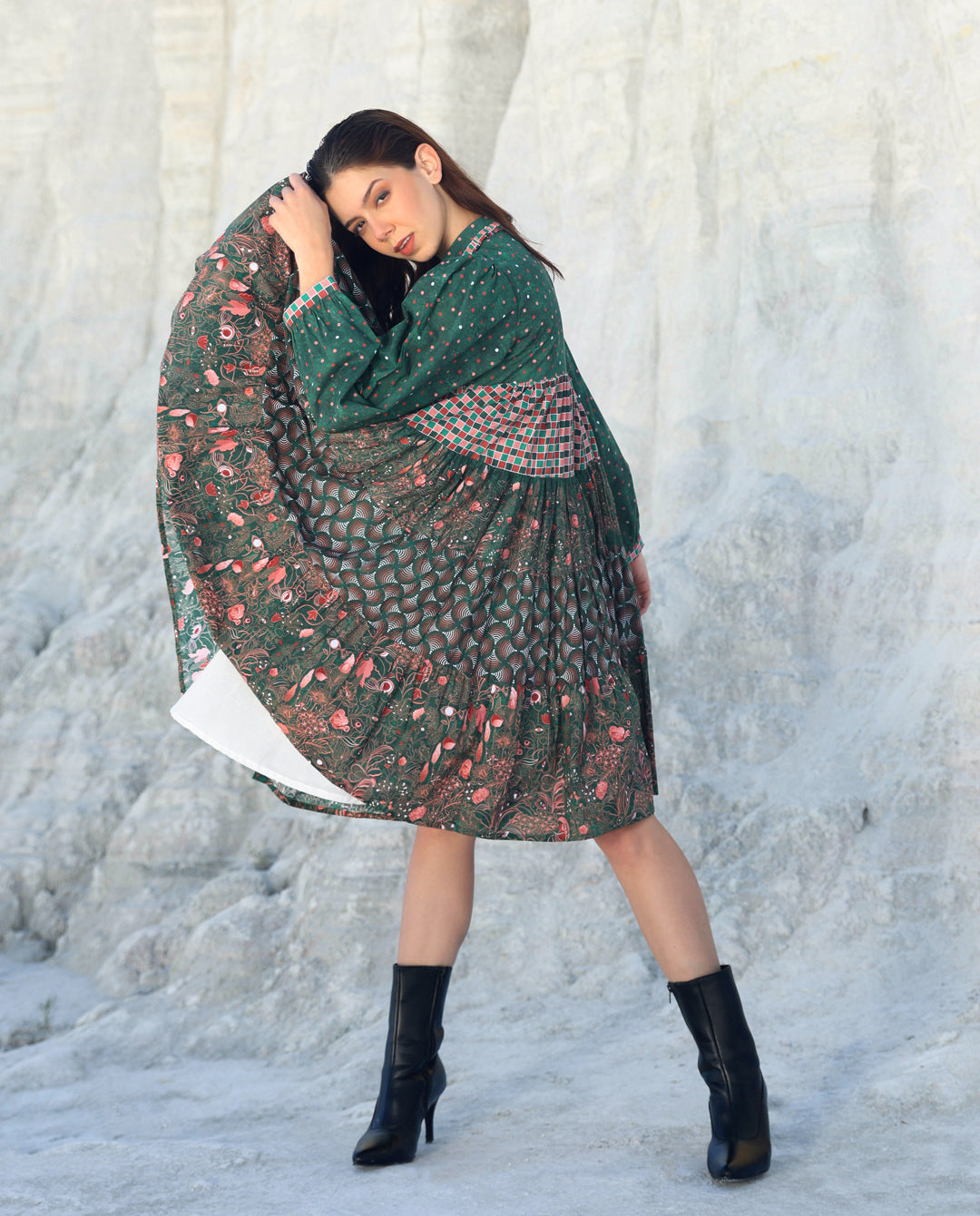 Green pineapple long sleeve tier Mini dress