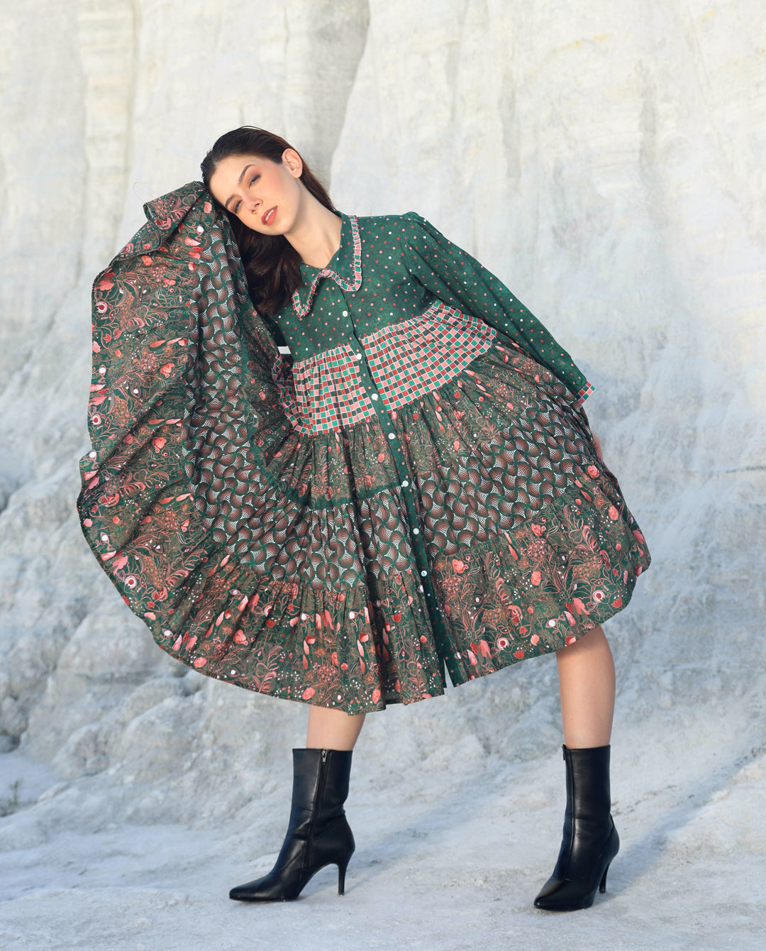 Green pineapple long sleeve tier Mini dress