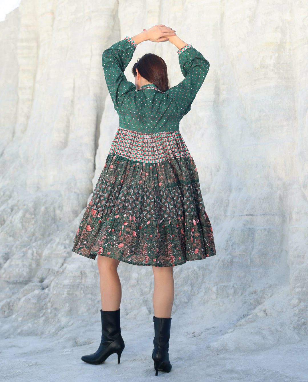 Green pineapple long sleeve tier Mini dress