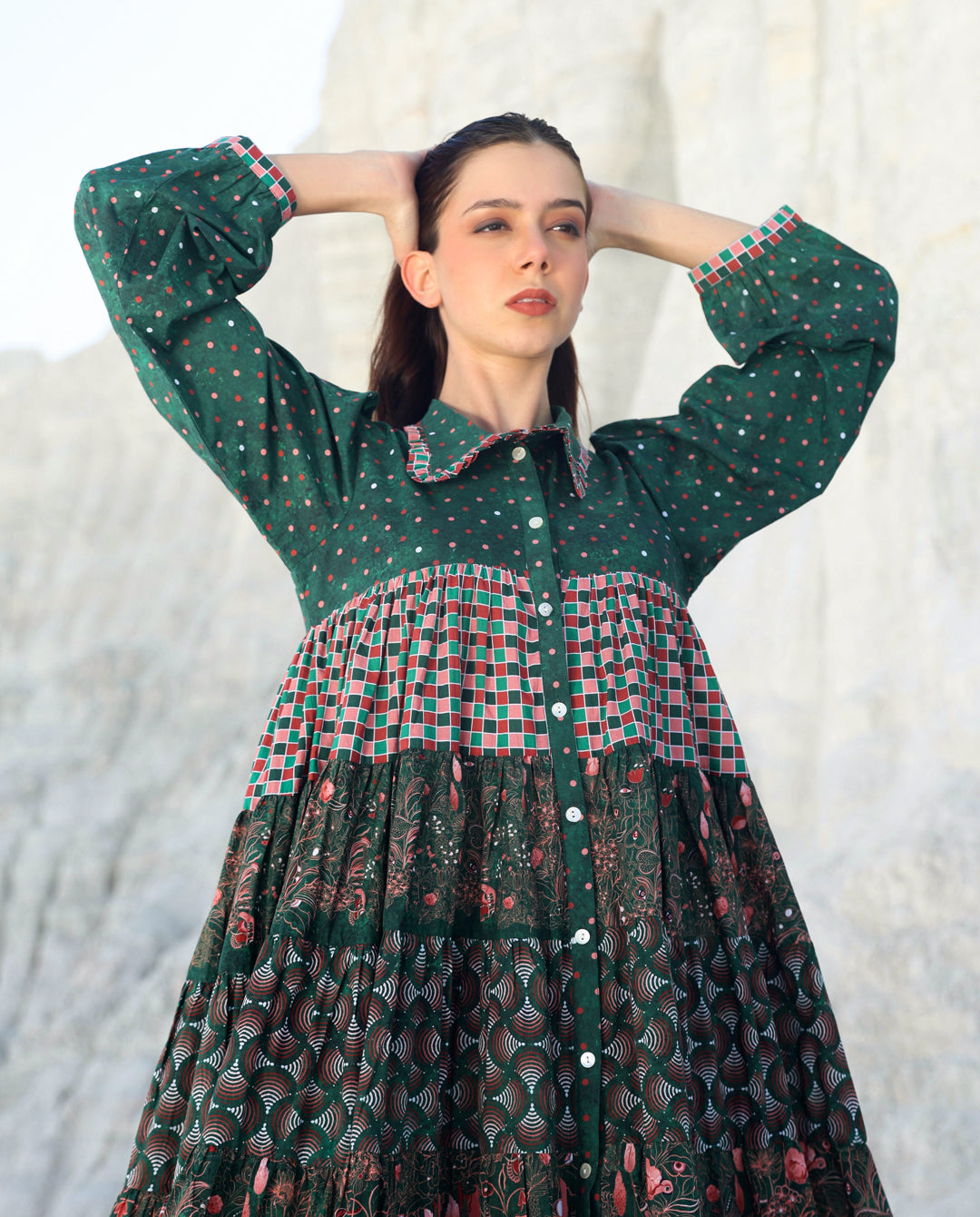 Green pineapple long sleeve tier Mini dress